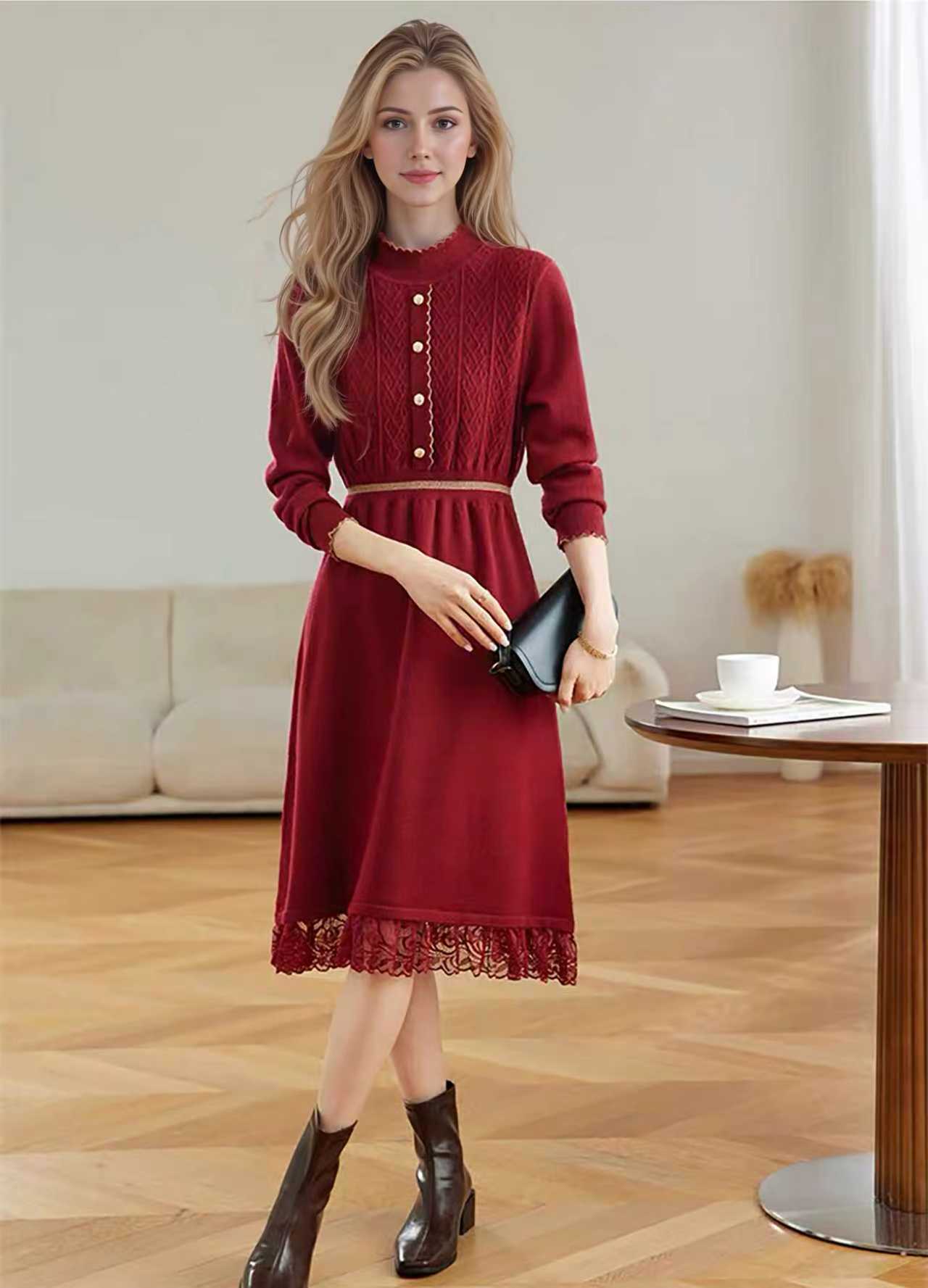 Women's Turtleneck Sweater Knit Lace Trim Midi Dress