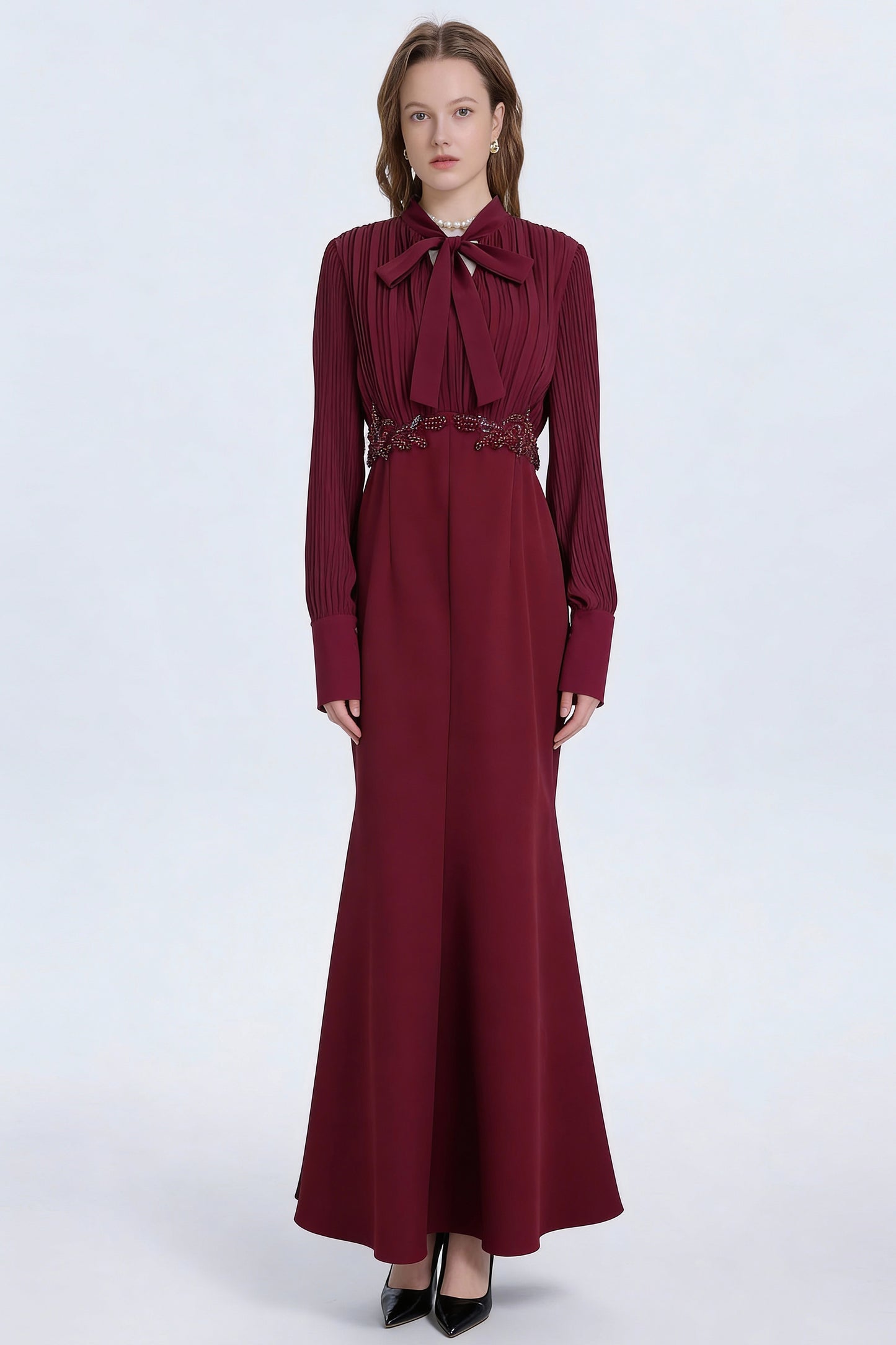 Women's Tie Neck Pleated Shirts Bodycon Fishtail Dress - LAI MENG FIVE CATS
