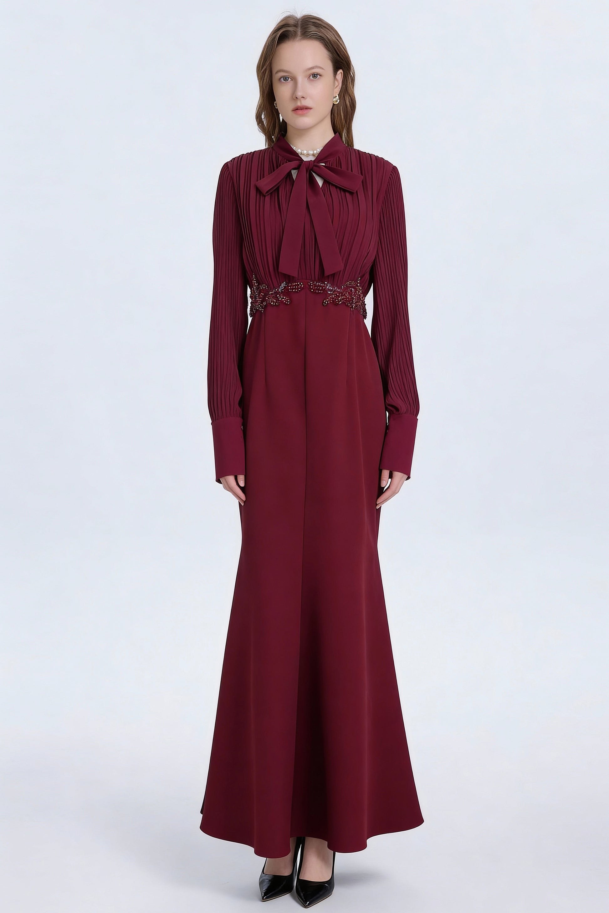 Women's Tie Neck Pleated Shirts Bodycon Fishtail Dress - LAI MENG FIVE CATS