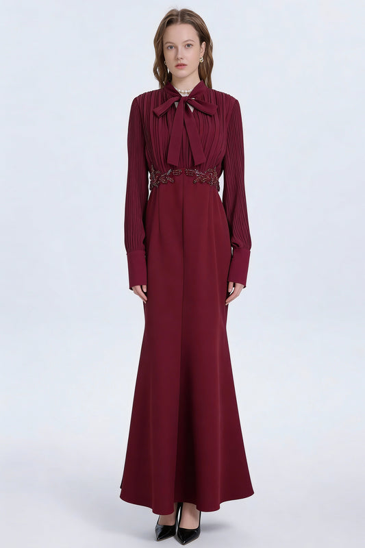 Women's Tie Neck Pleated Shirts Bodycon Fishtail Dress - LAI MENG FIVE CATS