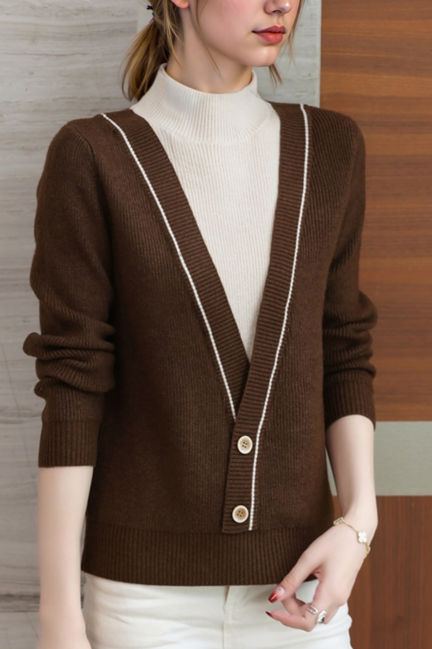 Women's Fall Turtleneck Color Block Knitted Sweater