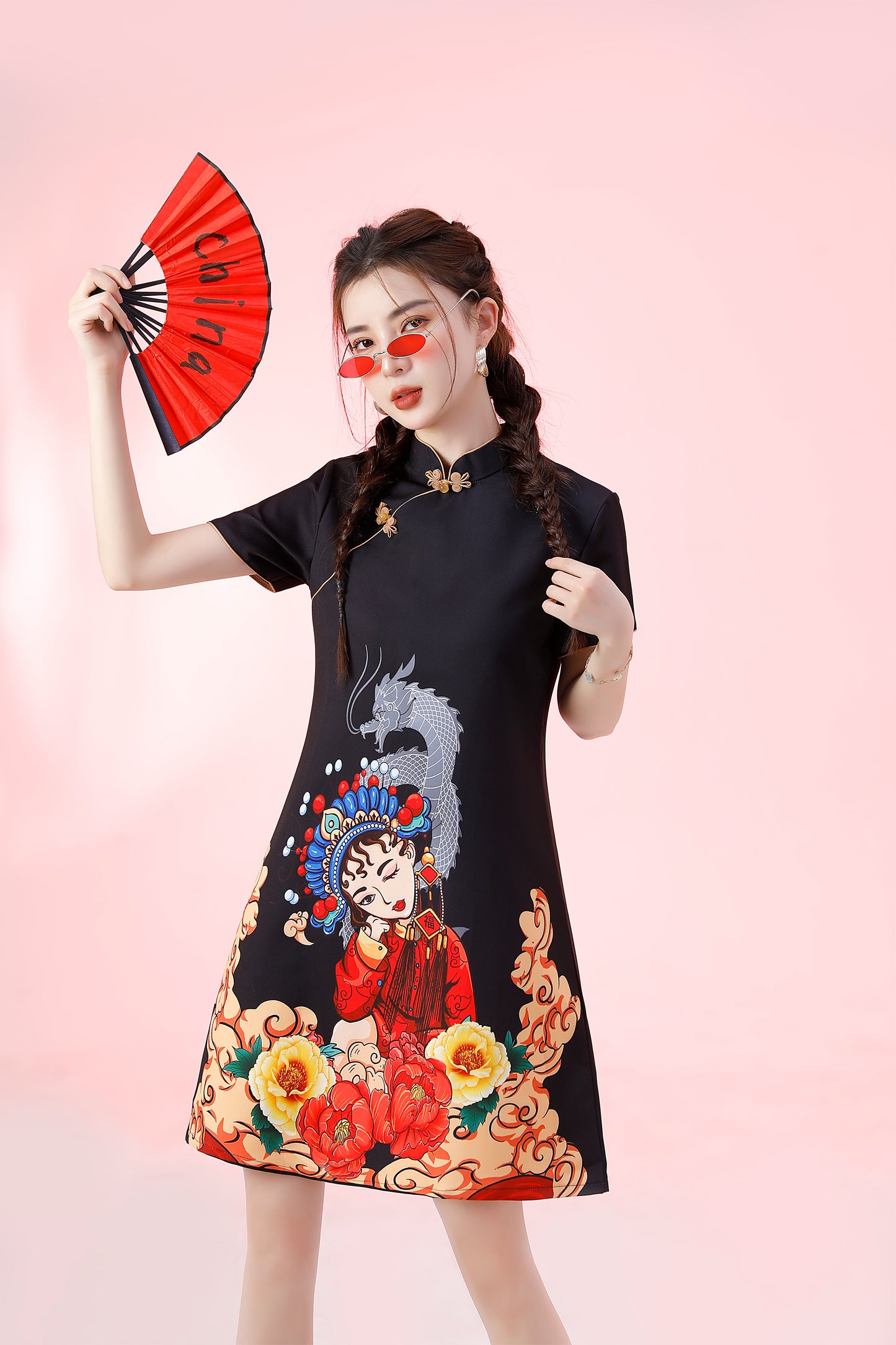 Women's Chinese Cheongsam Print Mini Dress