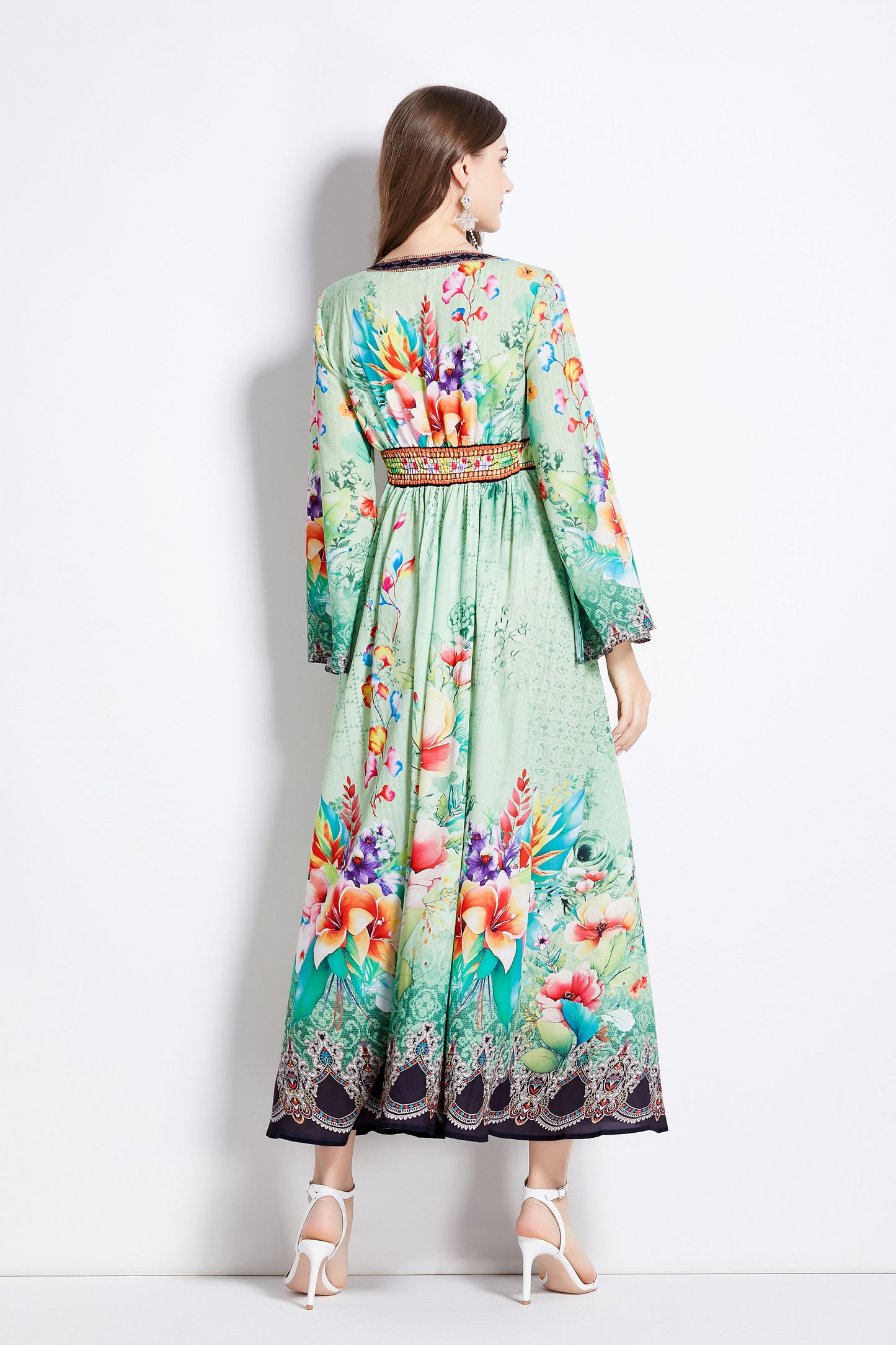 Womens Summer Flared Long Slit Sleeve Floral Print Deep V Neck Front Slipt Maxi Dress