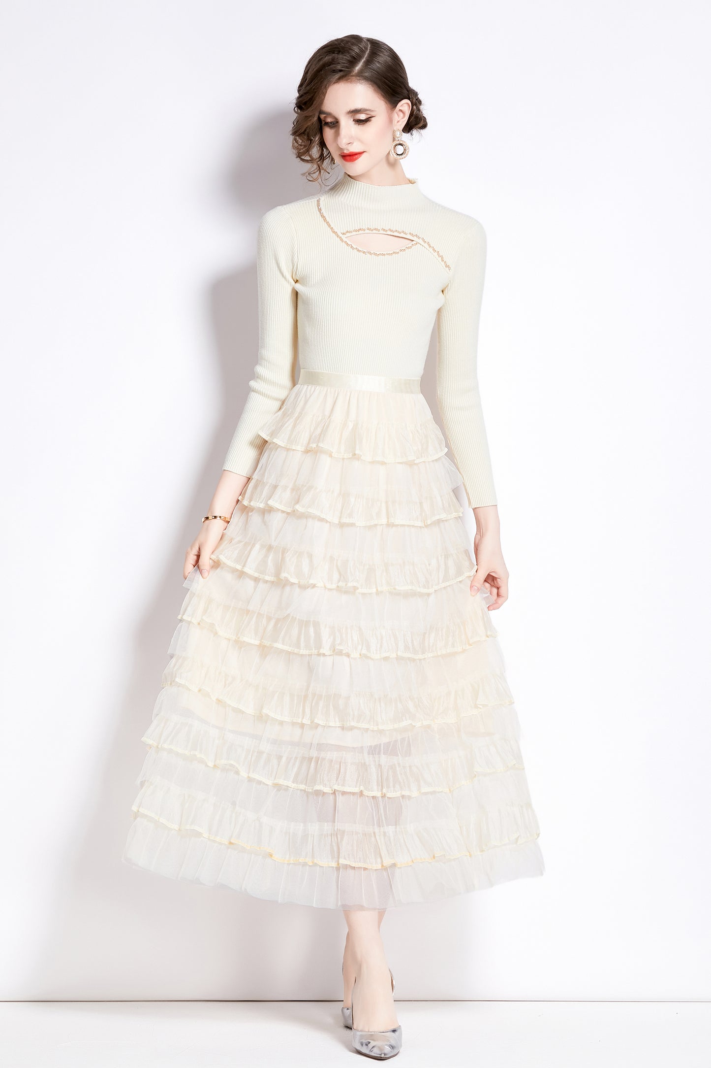 Women's 2 Piece Skirt Set Knit Top Ruffle Layered Skirt