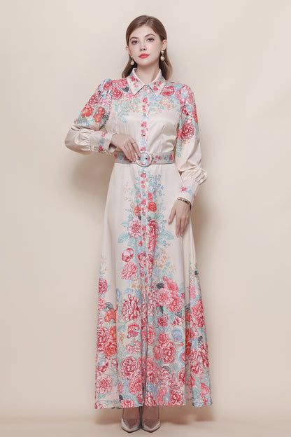 26-Women's Floral Print Button Long Dress Maxi Dress