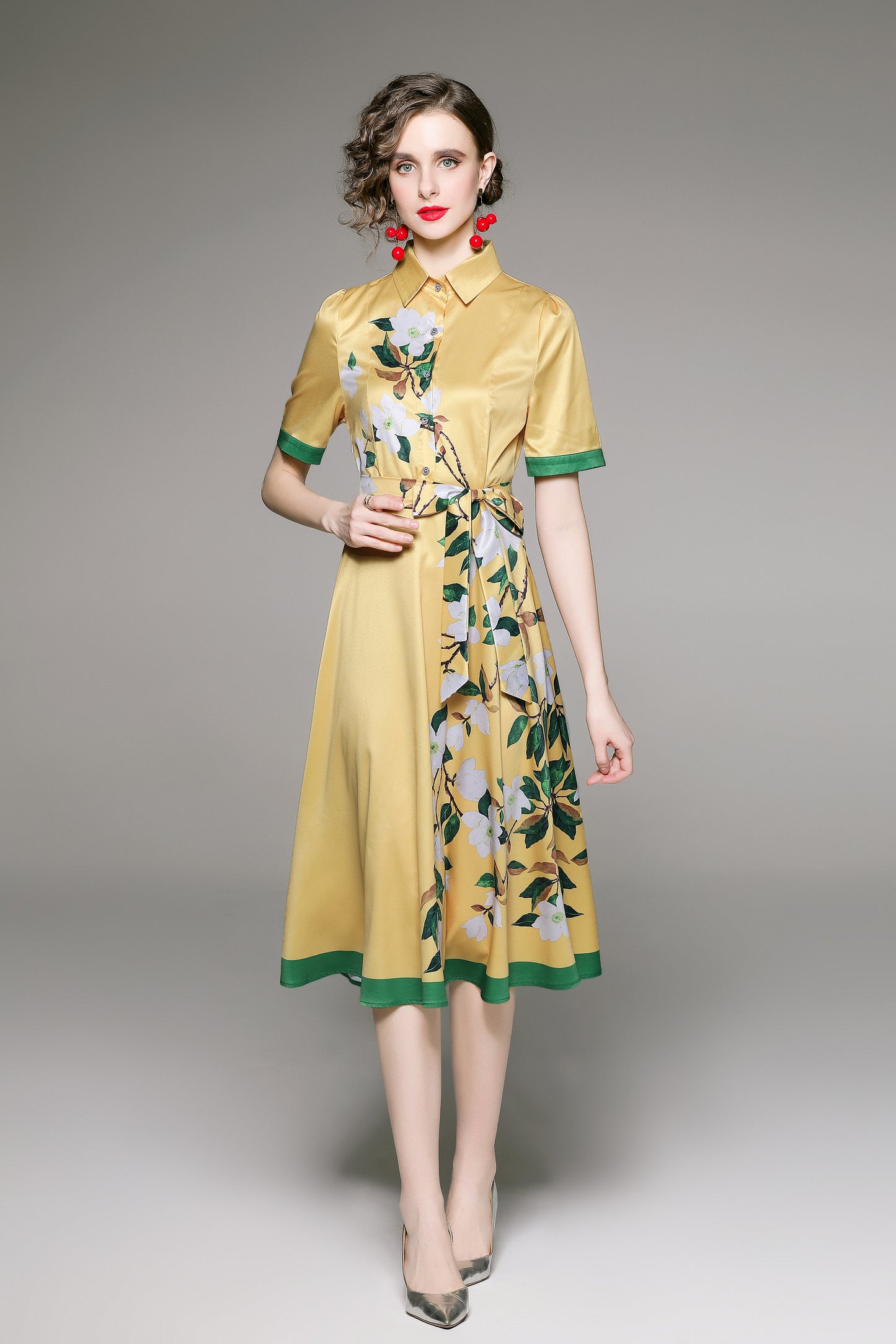 FSY-Women's Short Sleeve Floral Print Button Midi Dress