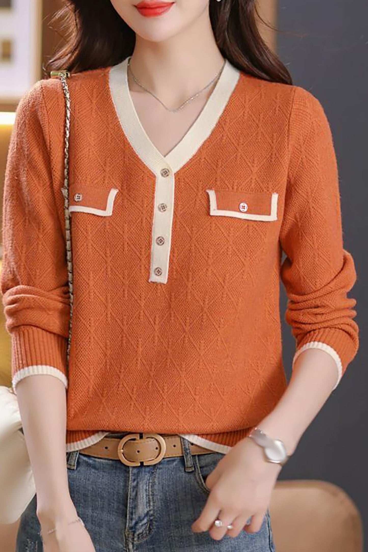 Knit Solid Color Button Pullover Tops