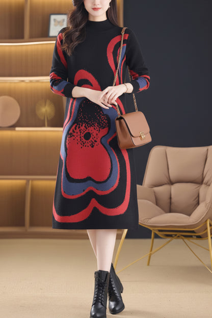 Women's Fashion Print Knit Pullover Sweater Midi Dress