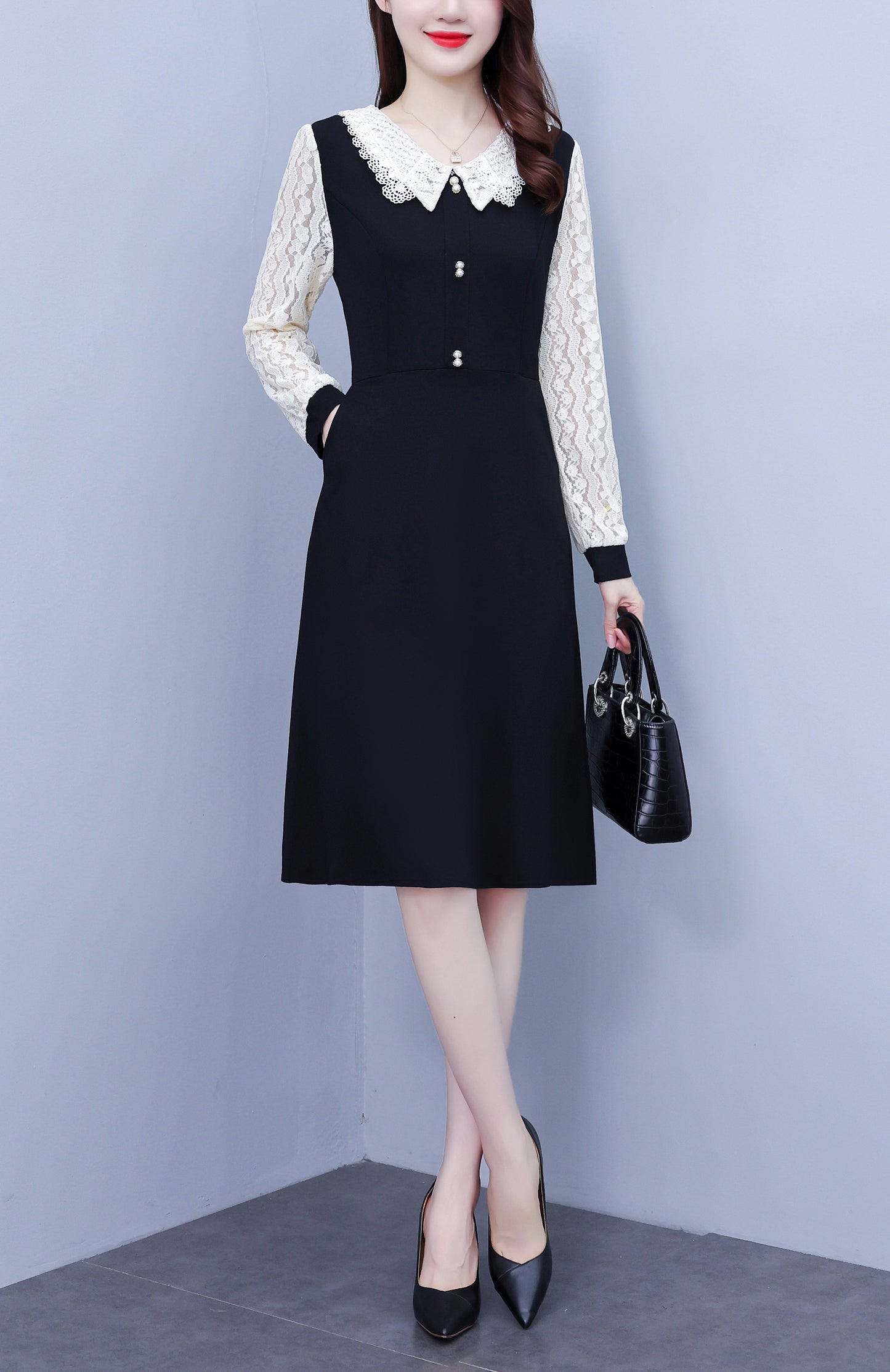 Women's Peter Pan Collar Long Sleeve Pocket Midi Dress