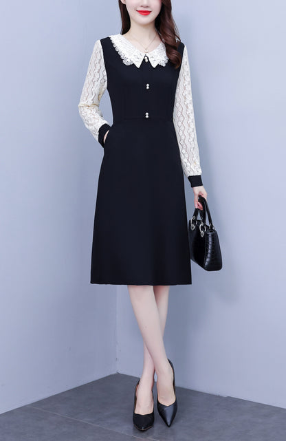 Women's Peter Pan Collar Long Sleeve Pocket Midi Dress