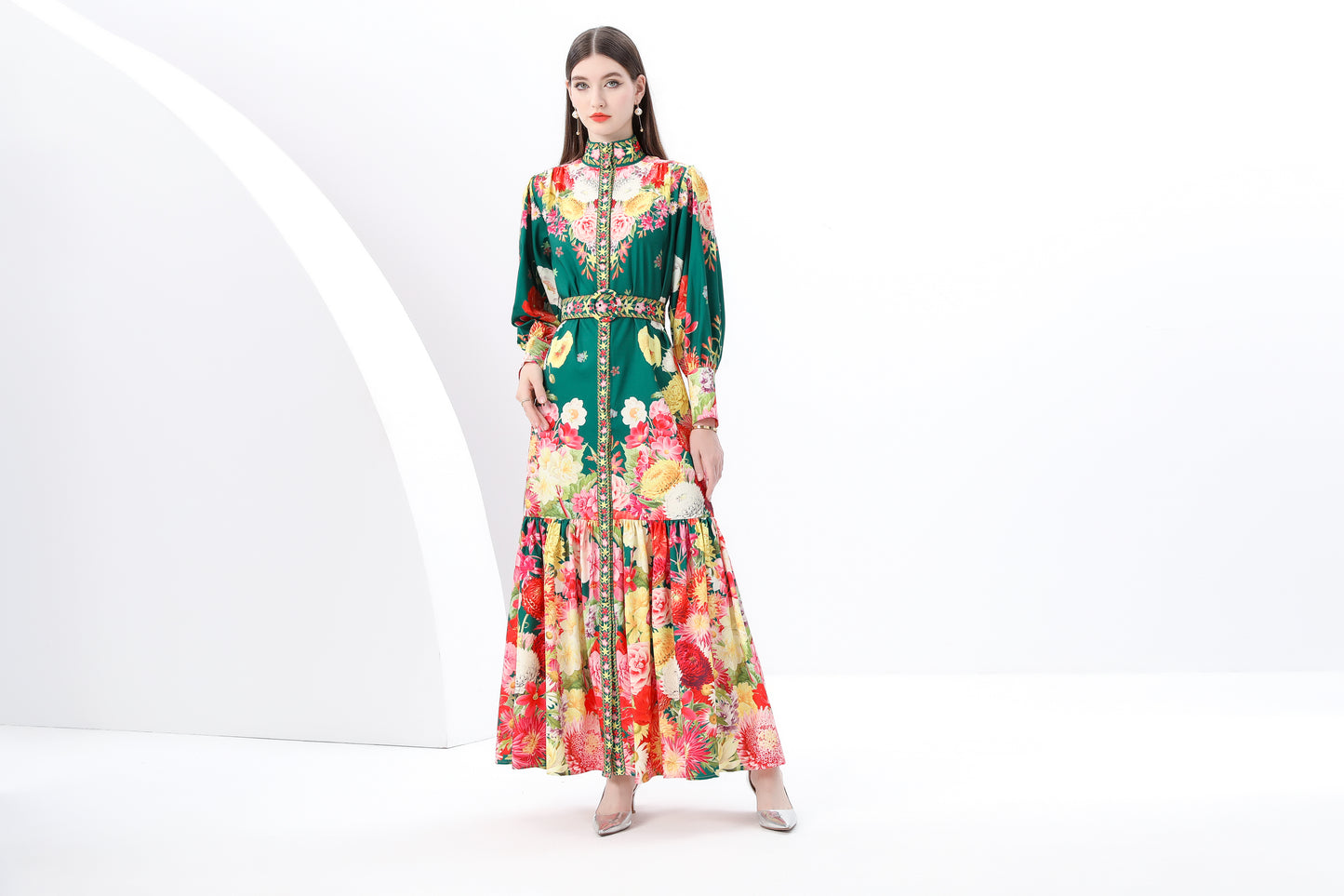 Women's Puff Sleeve Button Floral Pring Maxi Dress