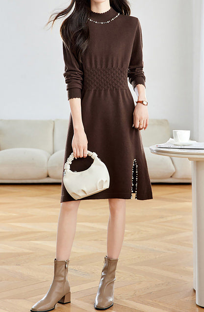 28711 Mock Neck Knit Dress With Pearl Slit Detail - LAI MENG FIVE CATS