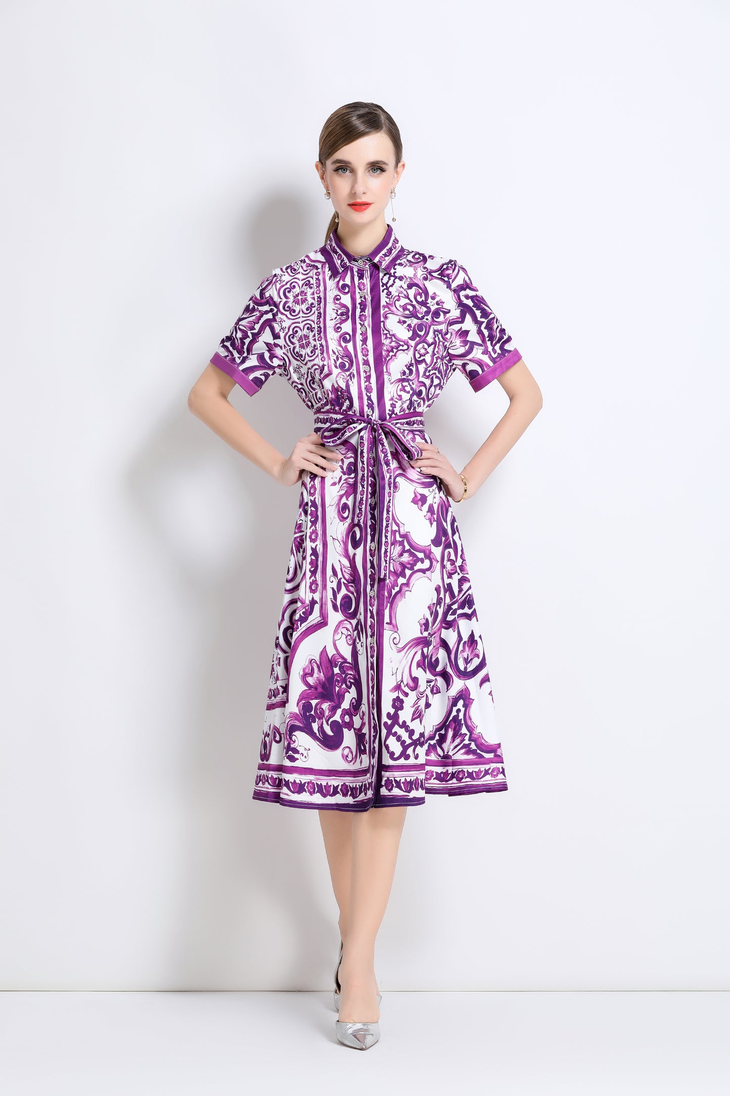 Women's Short Sleeve Button Floral Print  Midi Dress