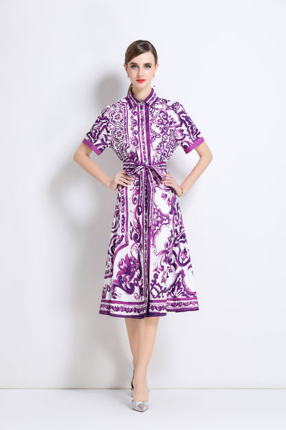 Women's Short Sleeve Button Floral Print  Midi Dress