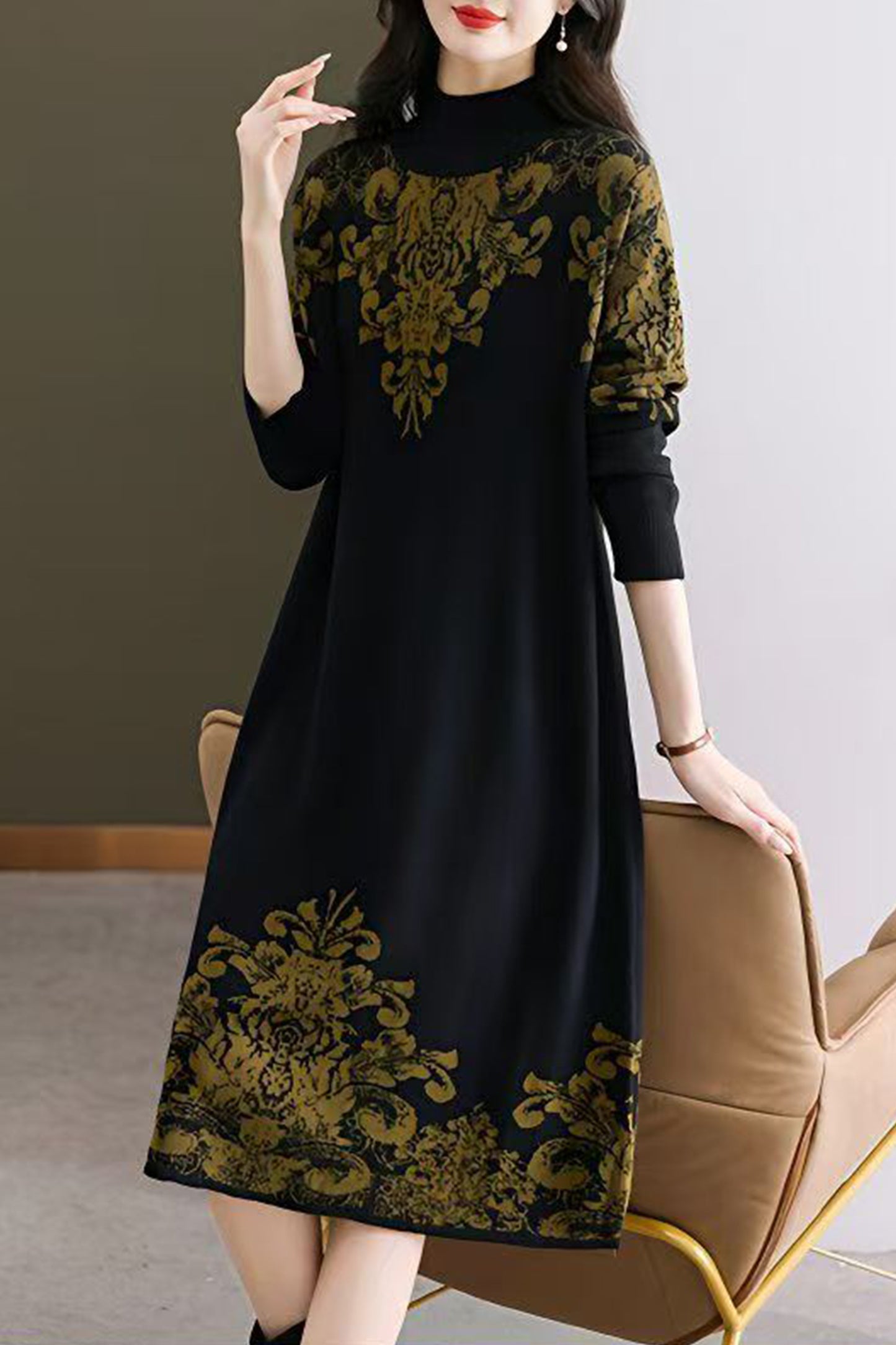 Women's Long Sleeve Stretch Sweater Midi Dress