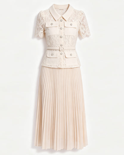 Lace Pleated Midi Dress | Elegant Collared Belted Dress for Women