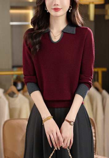 Chic Contrast Collar Ribbed Knit Top – Women's Polo V-Neck Sweater - LAI MENG FIVE CATS