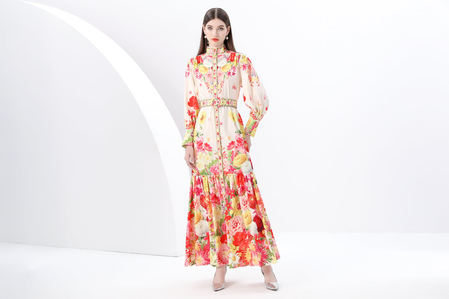 Women's Puff Sleeve Button Floral Pring Maxi Dress