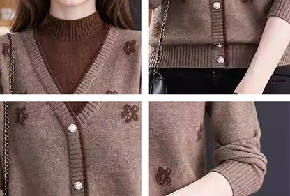 Floral Embroidered V-Neck Knit Sweater Pullover Top Fall Layered
