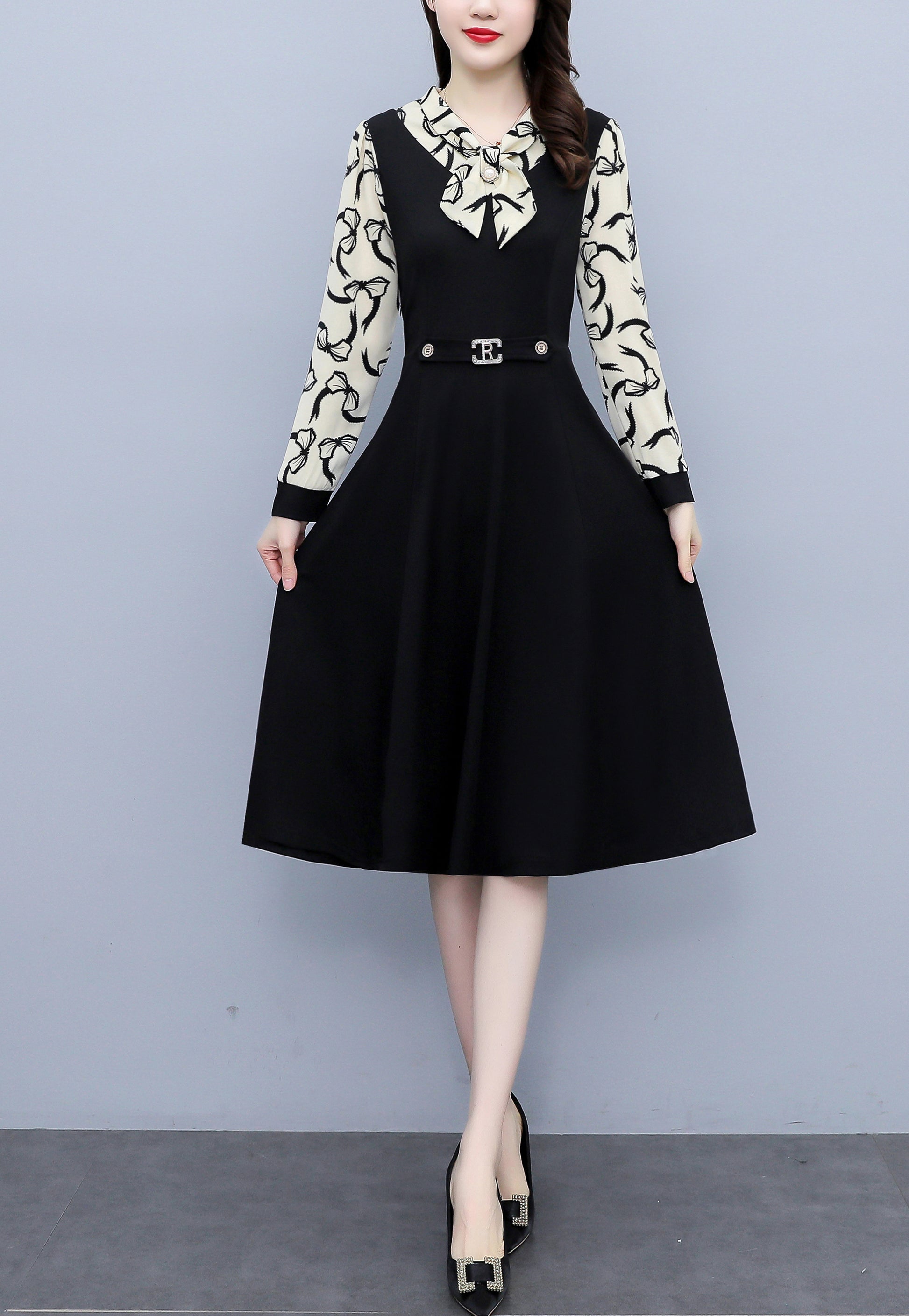 Women's Elegant Tie Neck Long Sleeve Black Dress - LAI MENG FIVE CATS