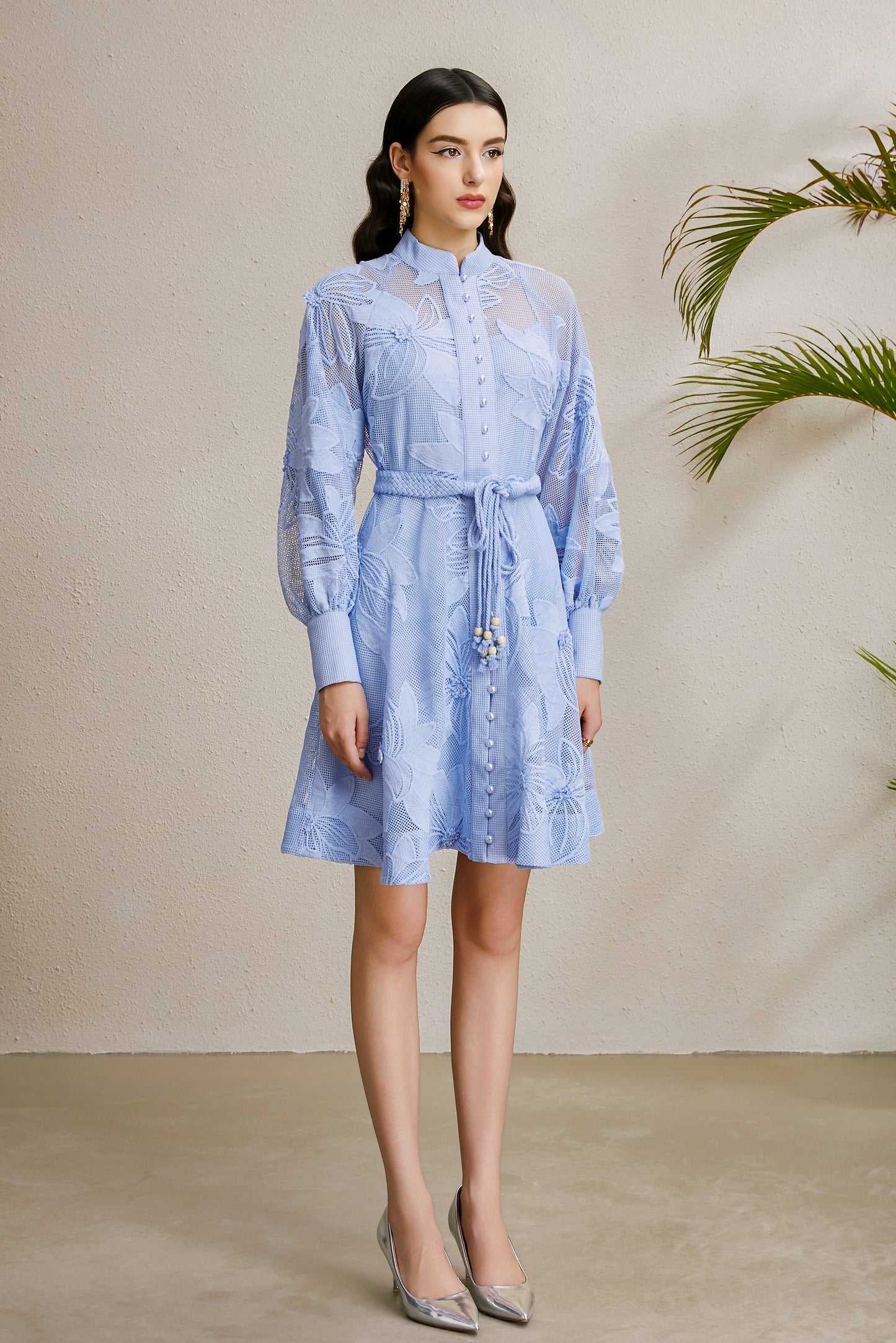 Women's Hollow Lace Floral Lantern Sleeve Mini Dress
