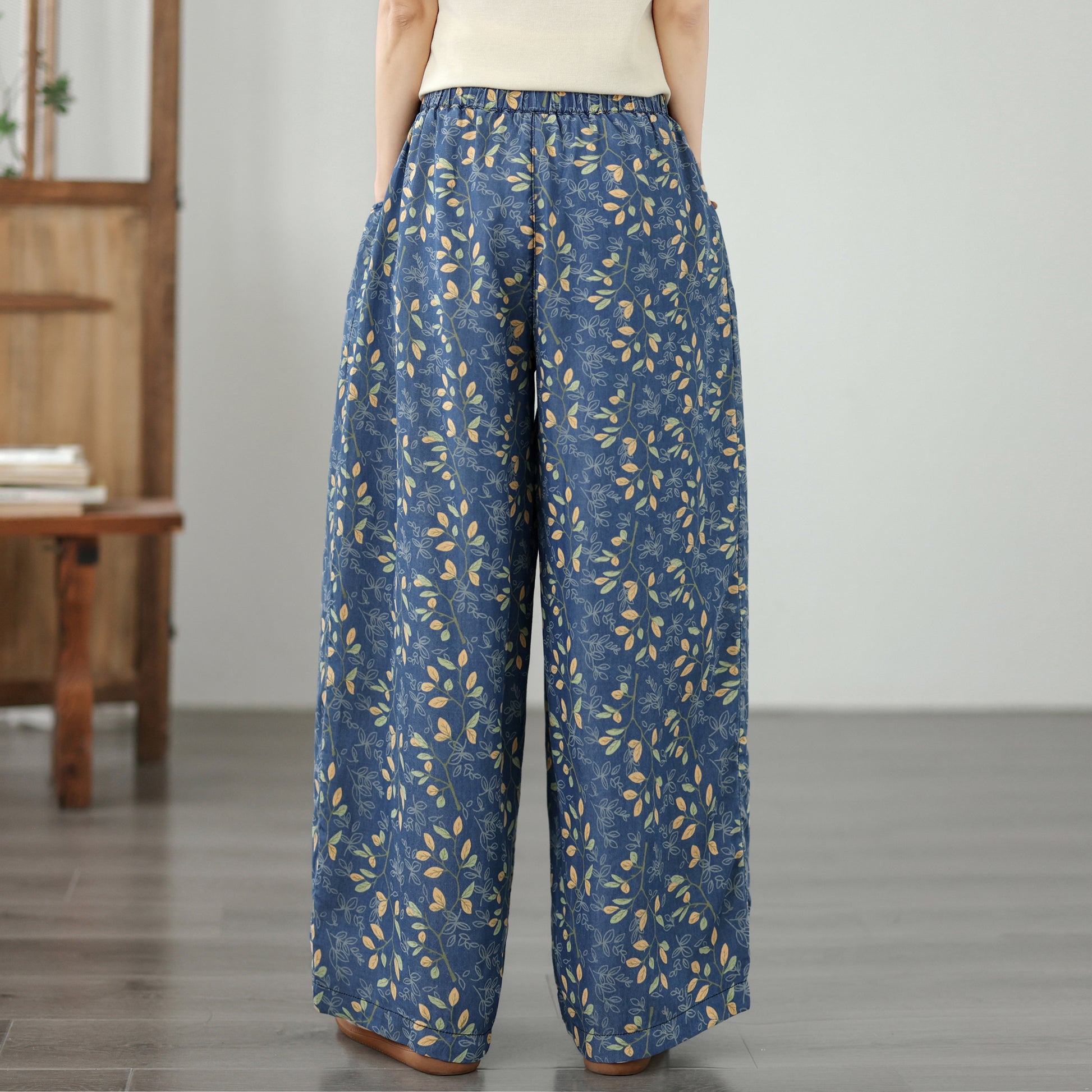 Women's Wide Leg Jeans Lightweight Wasited Elastic Print Y2K Pants - LAI MENG FIVE CATS