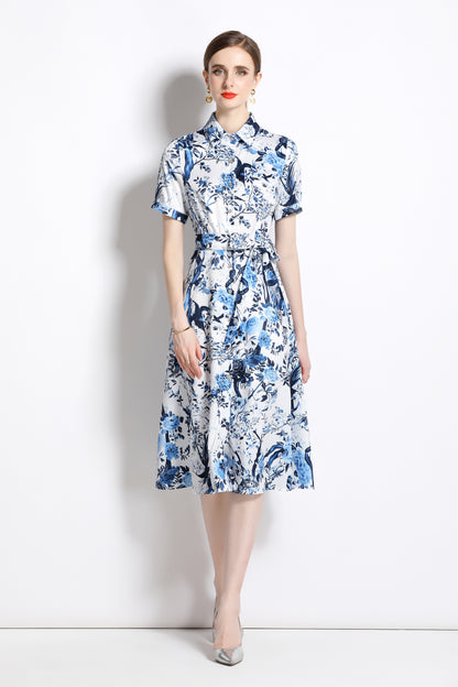 FSY-Women's Short Sleeve Floral Print Button Midi Dress