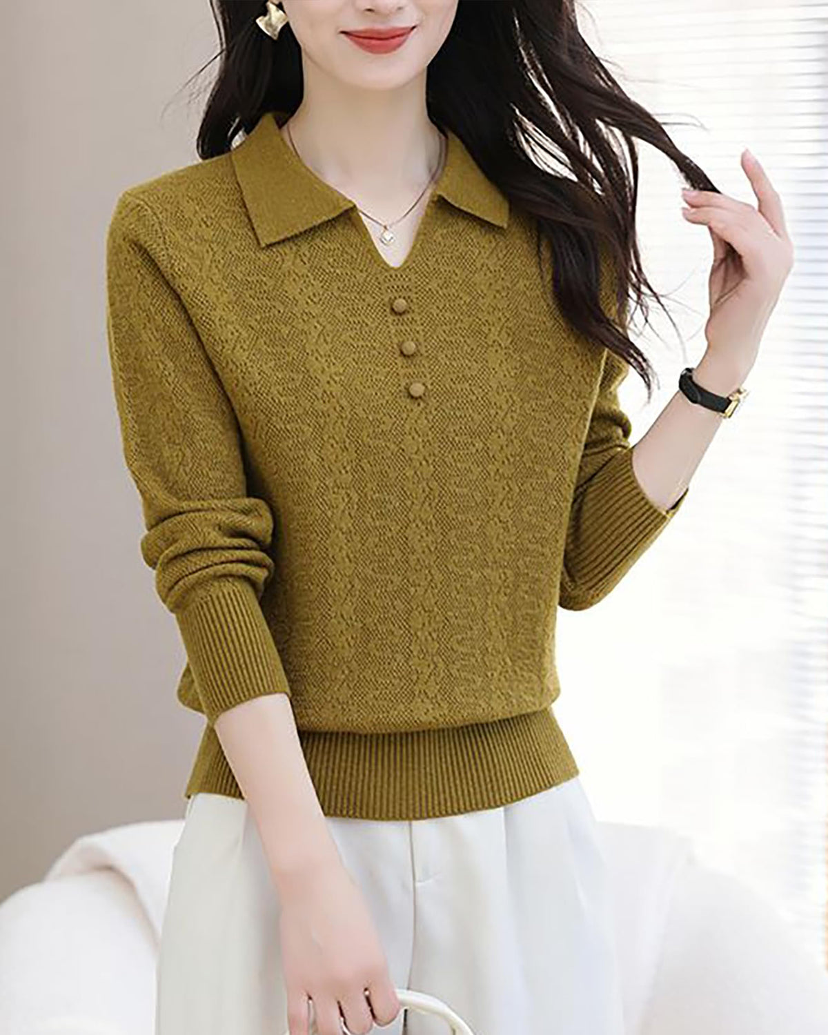 Women's Pink Polo Knit Top — V-Neck & Long Sleeve Ribbet Knitted