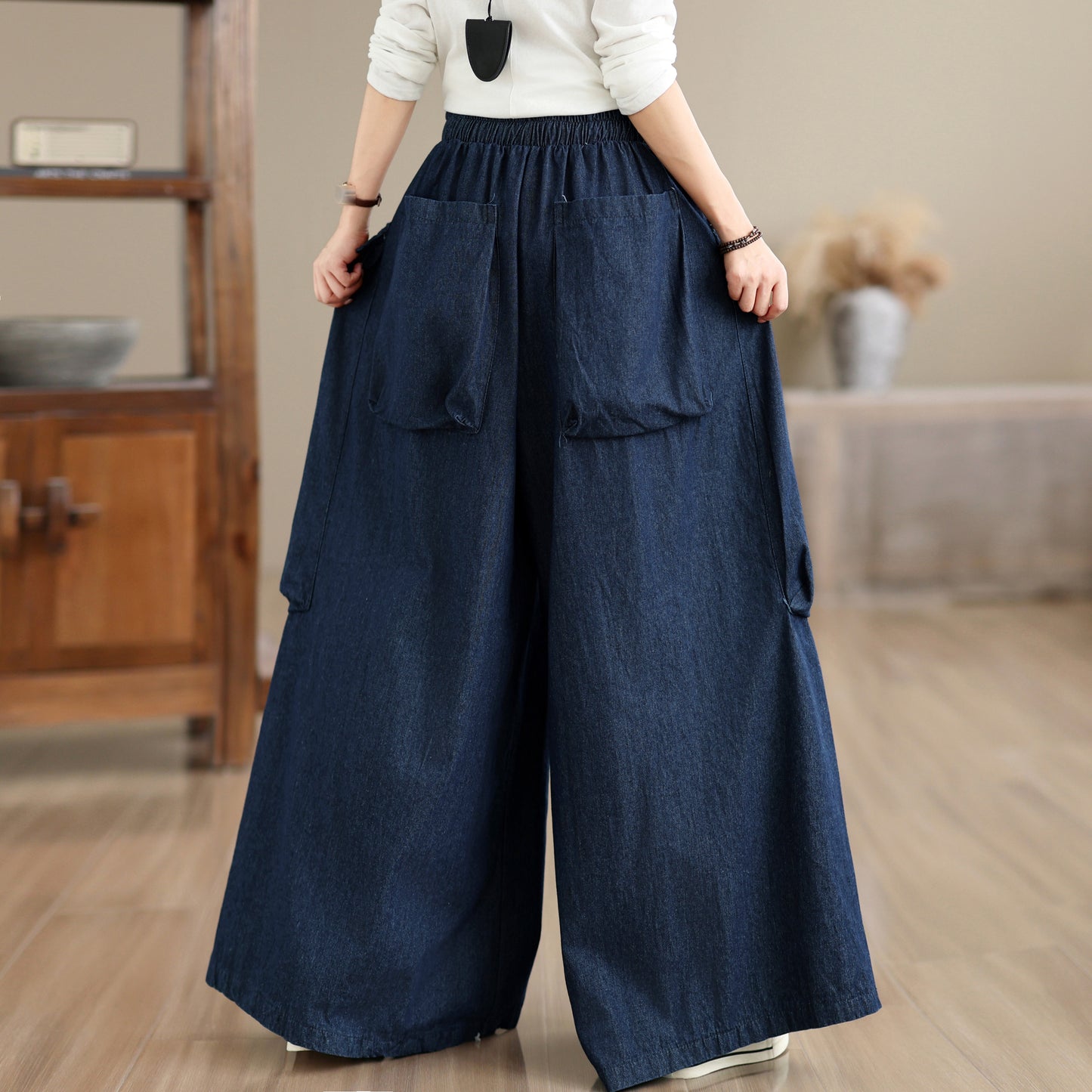 Women's Oversized Denim Wide Leg Pants Drawstring with Large Pockets