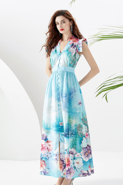 Blue Floral Print V Neck Maxi Dress with Belt