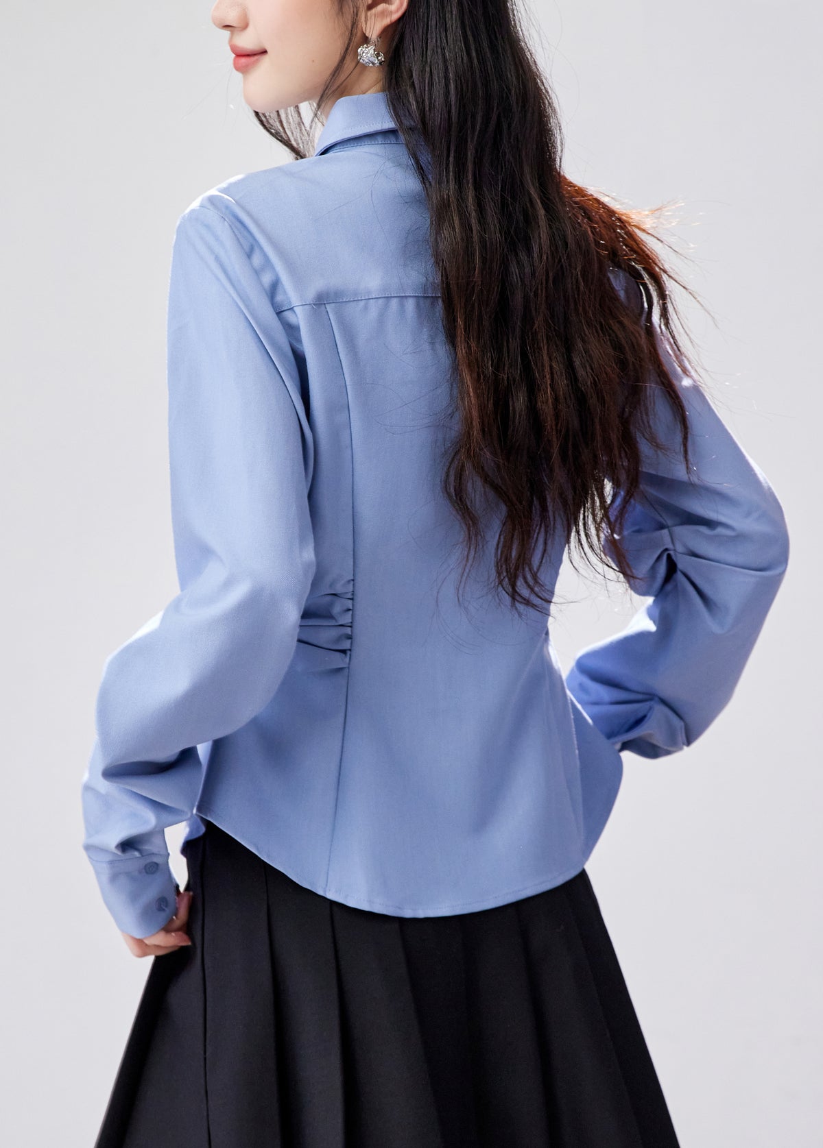 Elegant Light Blue Slim-Fit Shirt with Side Ruching & Tie Detail