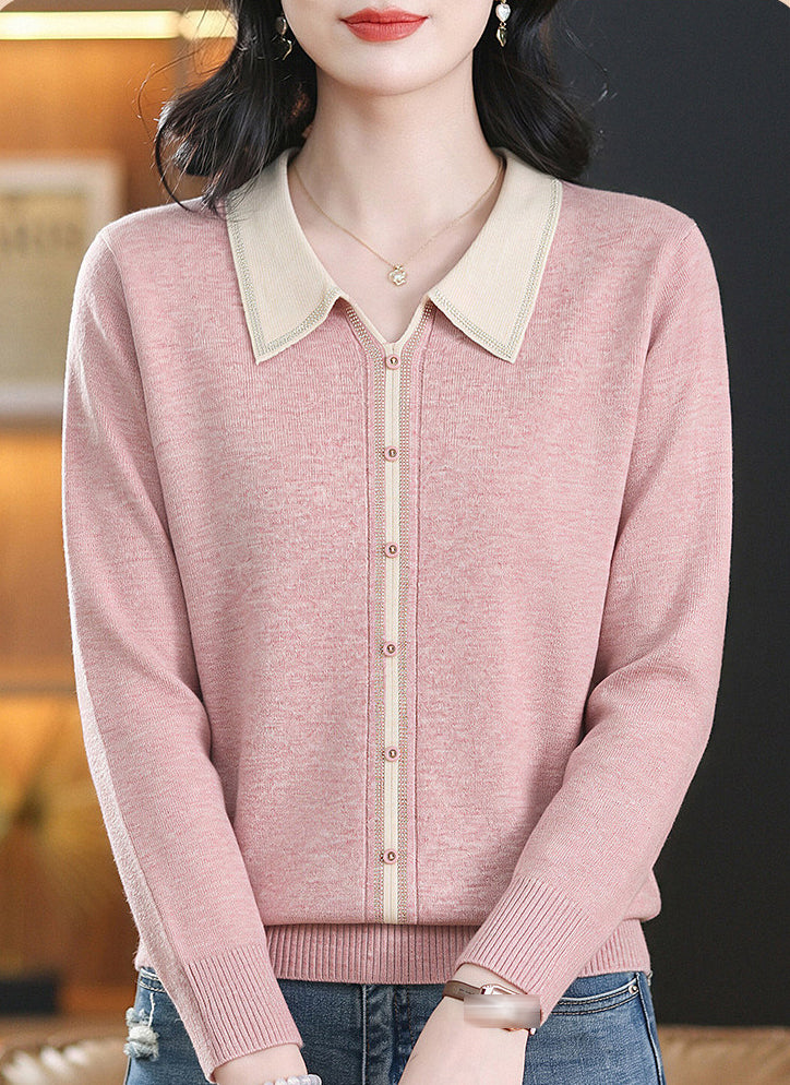 Chic Contrast Collar Knit Sweater Long Sleeve Pullover Top