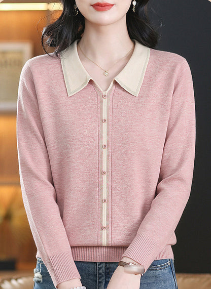 Chic Contrast Collar Knit Sweater Long Sleeve Pullover Top