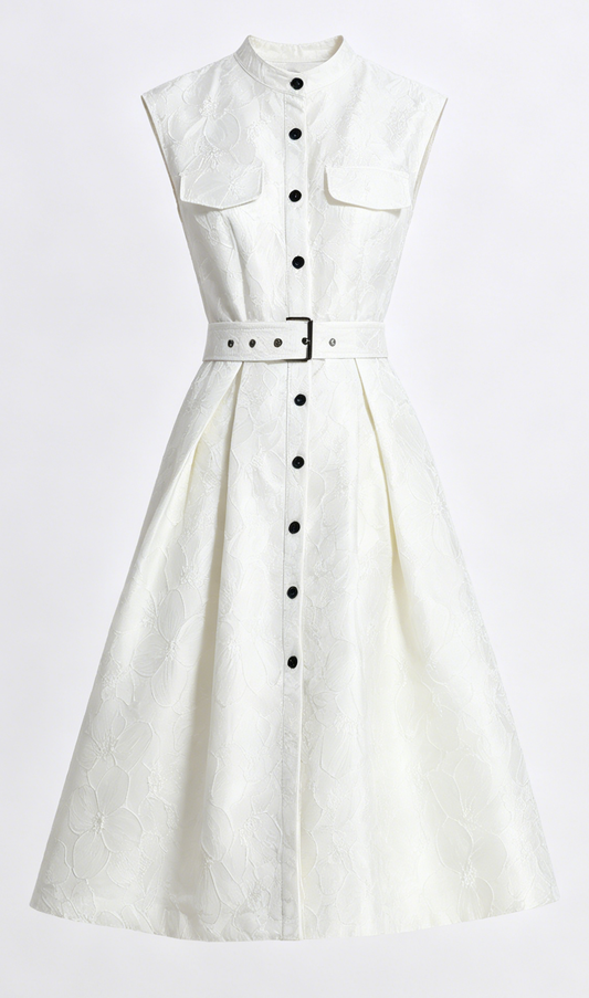 White Jacquard Midi Dress for Elegant Summer Evenings