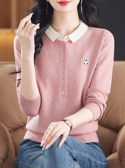 Polo Layered Knit Top with Bunny Embroidery & Contrast Collar