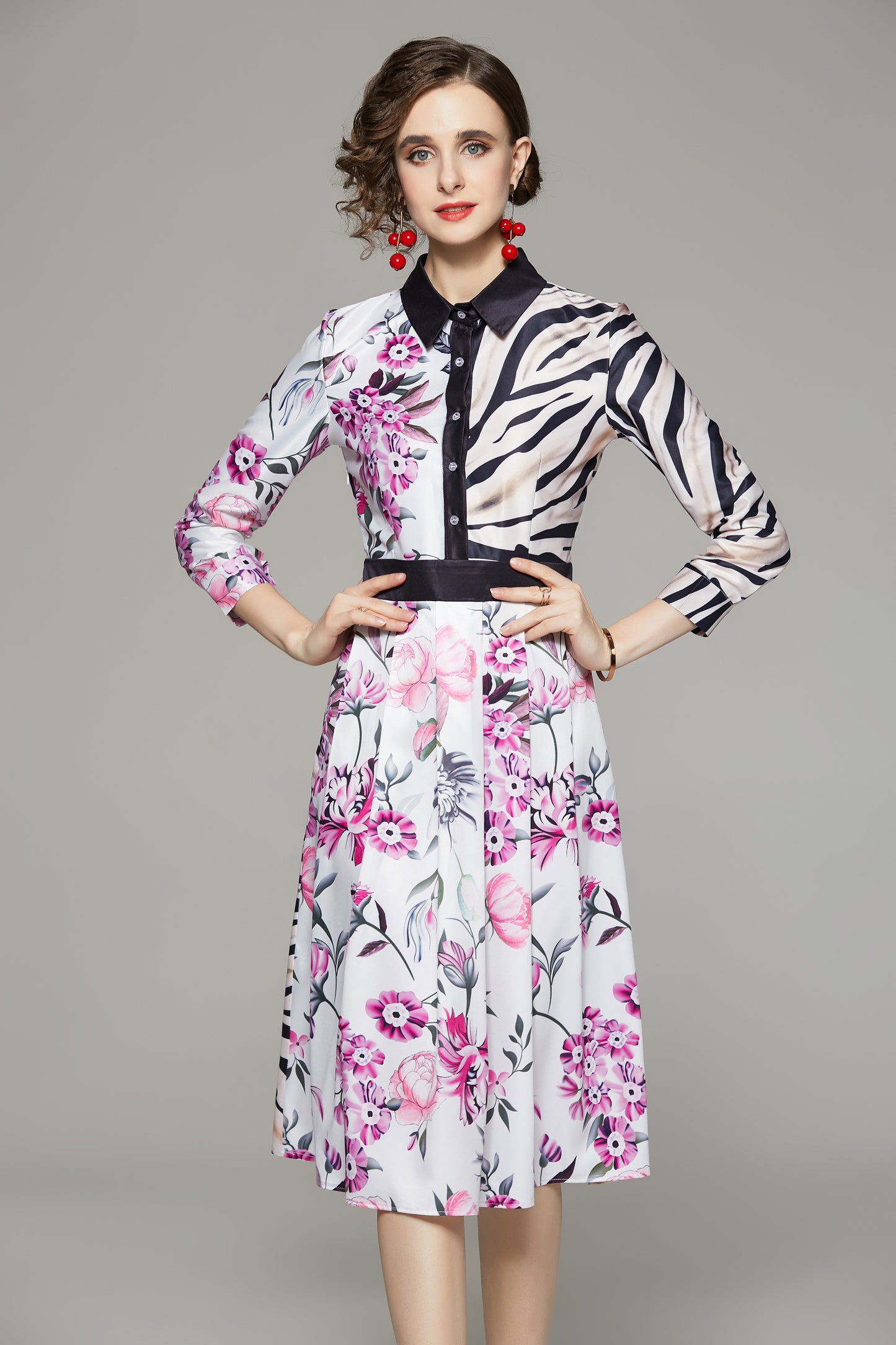 FSY-Women's Floral Print Button A-line Flowy Midi Dress