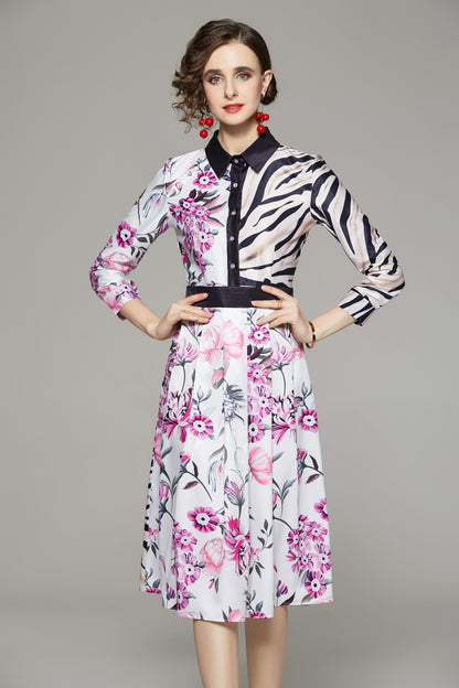 FSY-Women's Floral Print Button A-line Flowy Midi Dress