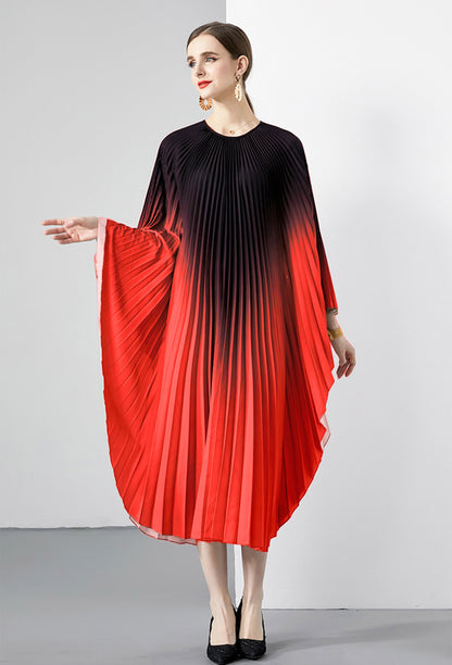 Red Elohoegant Batwing Sleeve Pleated Maxi Casual Flowy Loose Dress