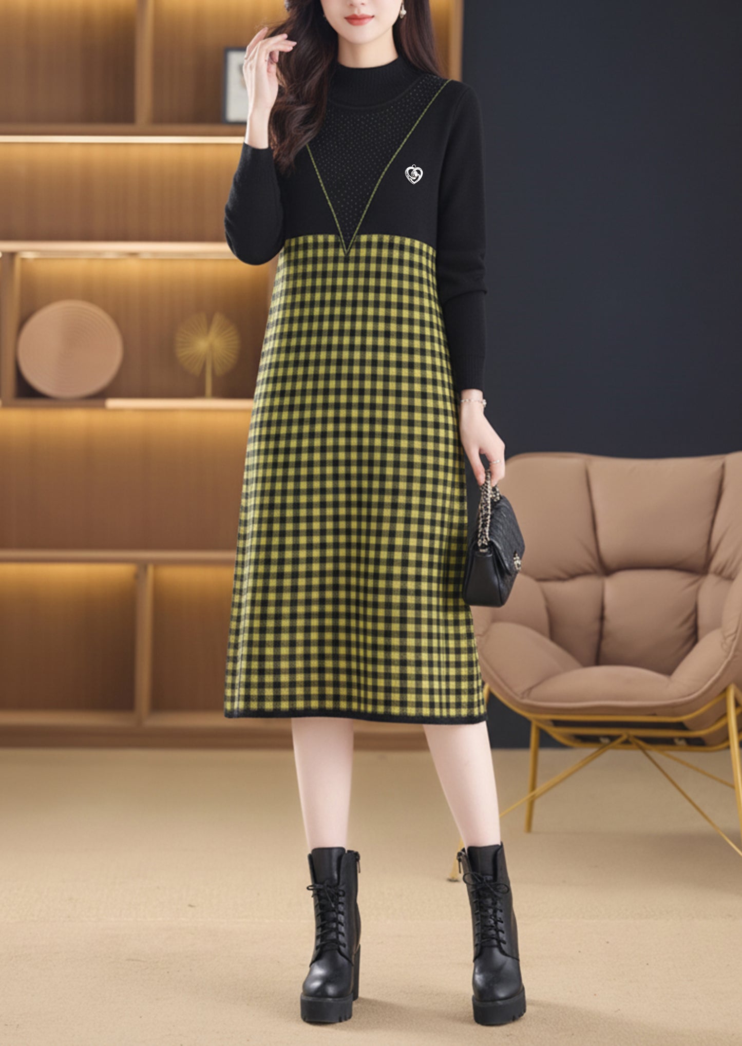 Women's Plaid Mock Neck Knit Sweater Dress