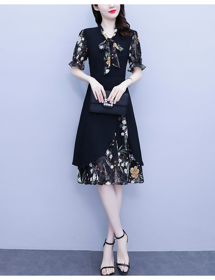 Women's Tie V-Neck Short Sleeve A-line Midi Dress