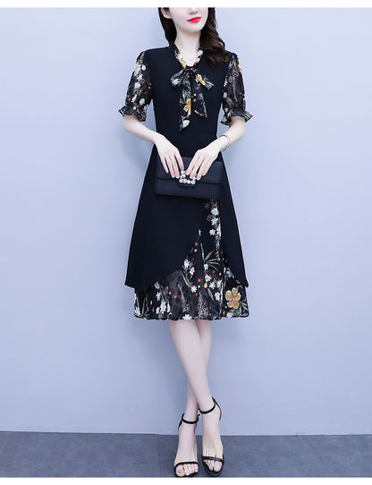 Women's Tie V-Neck Short Sleeve A-line Midi Dress