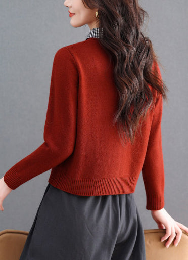 Contrast Gingham Collar Knit Cardigan – Vintage Button Sweater Top