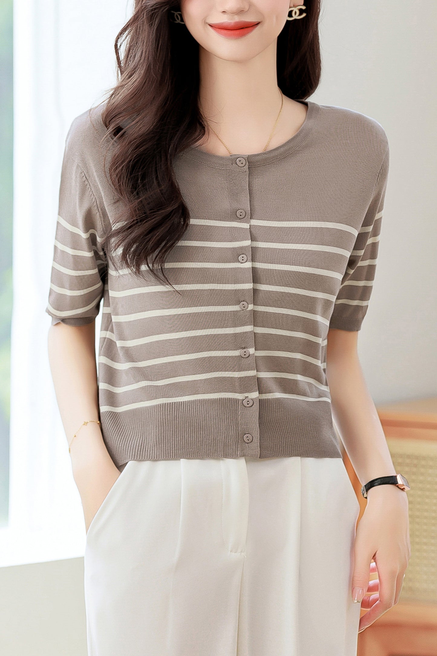Women's Stripes Short Sleeve Knit Cardigan Tops