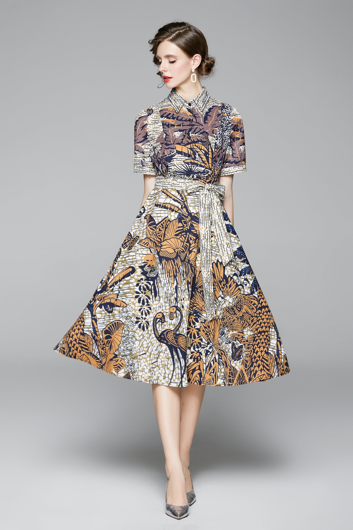 SSY-Women's Short Sleeve Floral Print Button Midi Dress