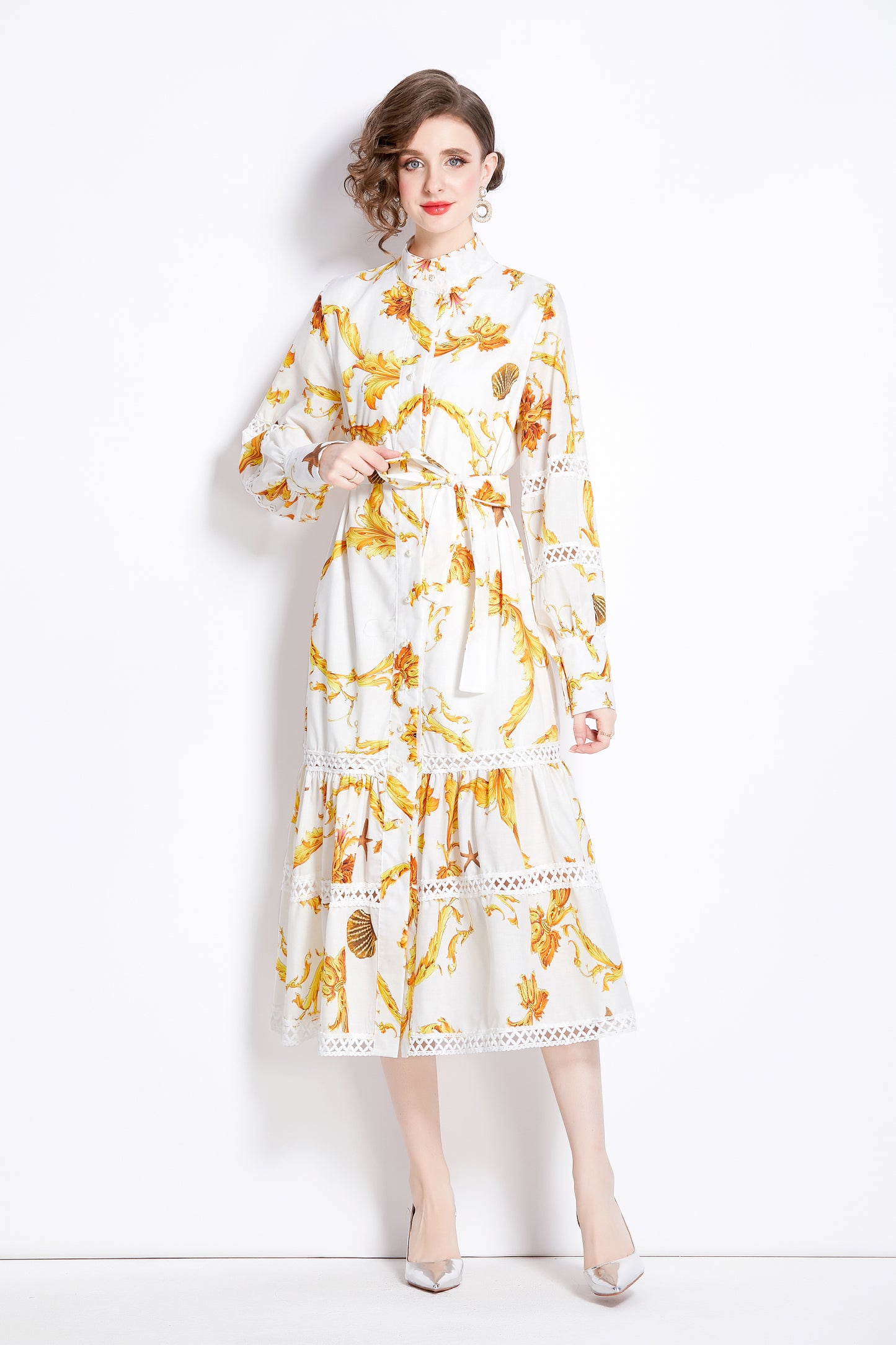 FSY-Women Floral Print Button Split Flowy Maxi Dress