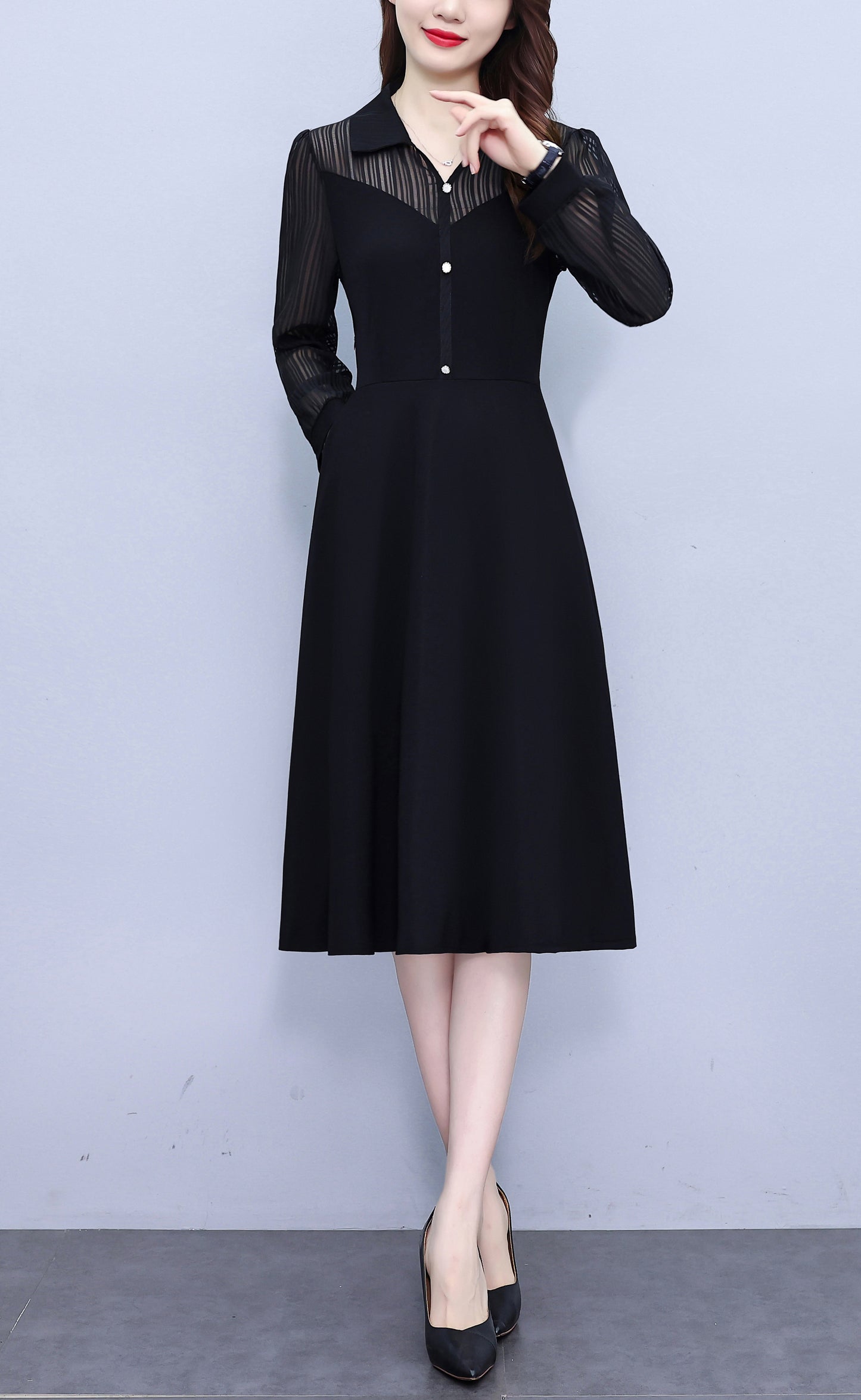 Women's V-Neck Long Sleeve with Pockets Black Dress