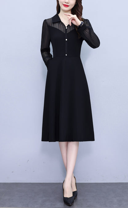 Women's V-Neck Long Sleeve with Pockets Black Dress