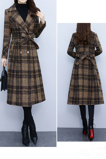 women's plaid woolen long coat