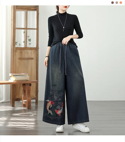 Women's Baggy Jeans Embroidery Wide Leg Denim