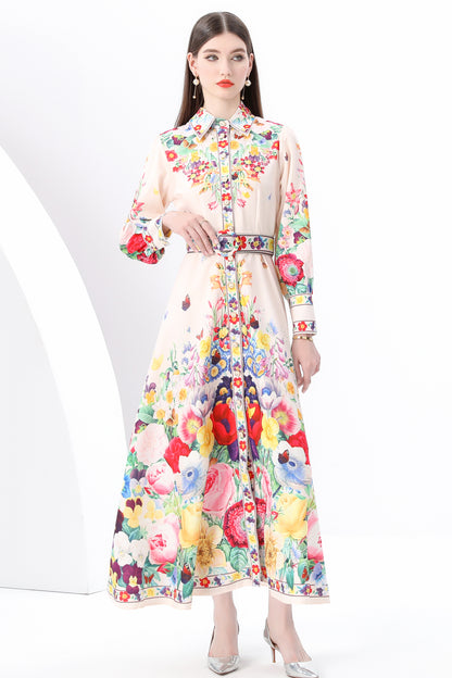 Women's Floral Print  Flowy Button Up Split Maxi Dress